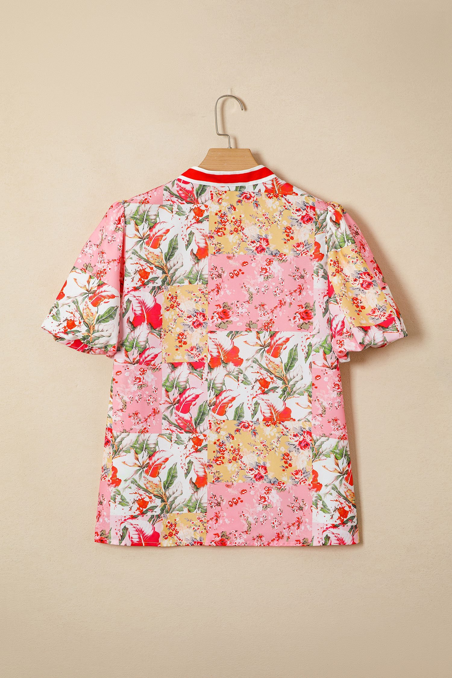 Pink Contrast Collared V Neck Short Sleeve Floral Blouse