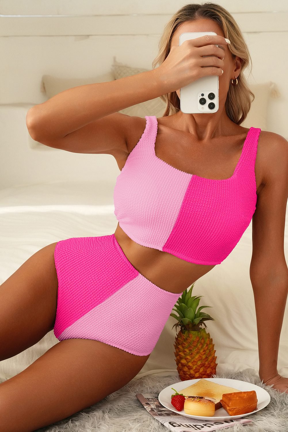 Pink Corded Colorblock Square Neck Bikini Swimsuit