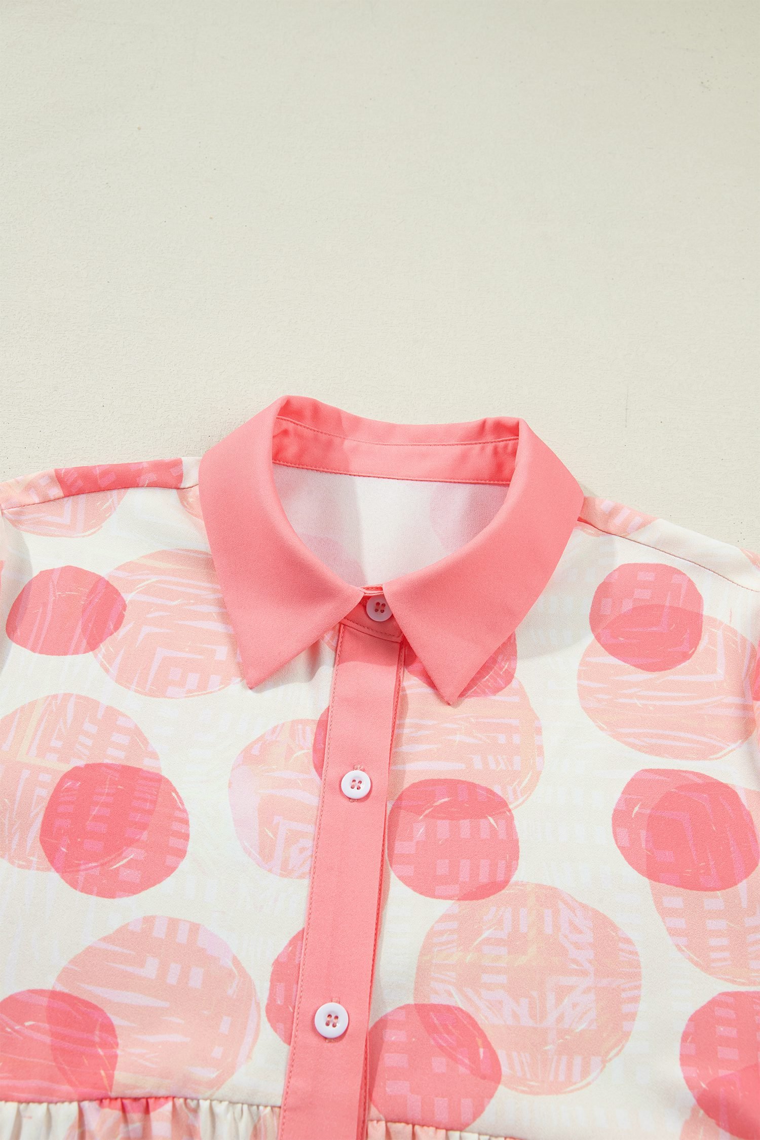 Pink Double Polka Dot Printed Ruffle Trim Short Sleeve Babydoll Shirt