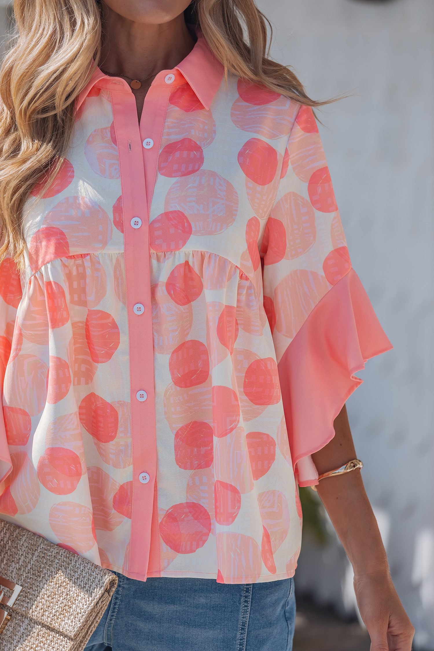 Pink Double Polka Dot Printed Ruffle Trim Short Sleeve Babydoll Shirt