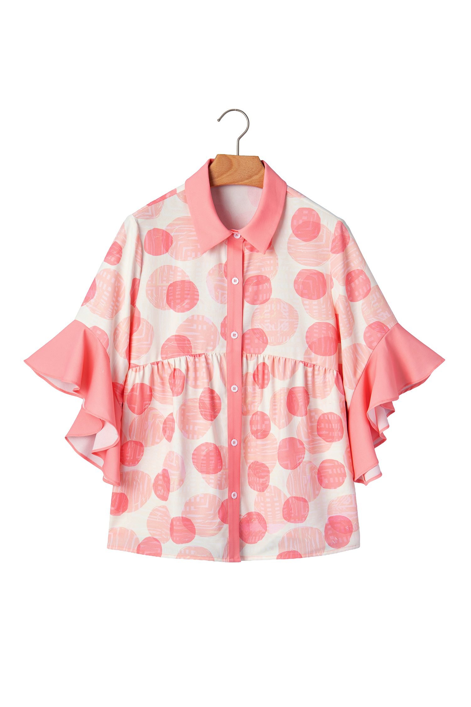 Pink Double Polka Dot Printed Ruffle Trim Short Sleeve Babydoll Shirt