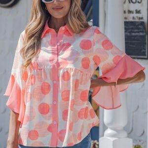Pink Double Polka Dot Printed Ruffle Trim Short Sleeve Babydoll Shirt