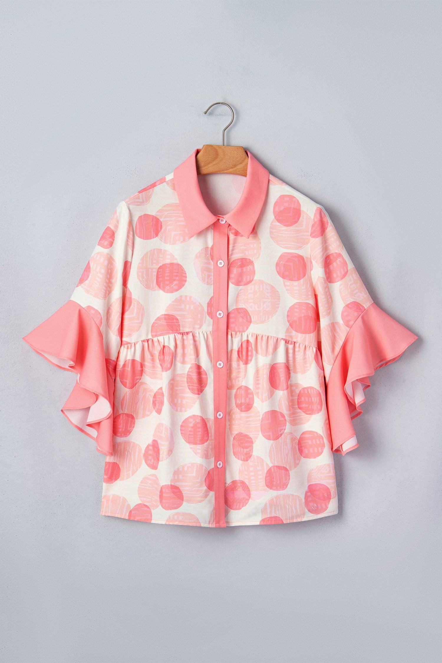 Pink Double Polka Dot Printed Ruffle Trim Short Sleeve Babydoll Shirt