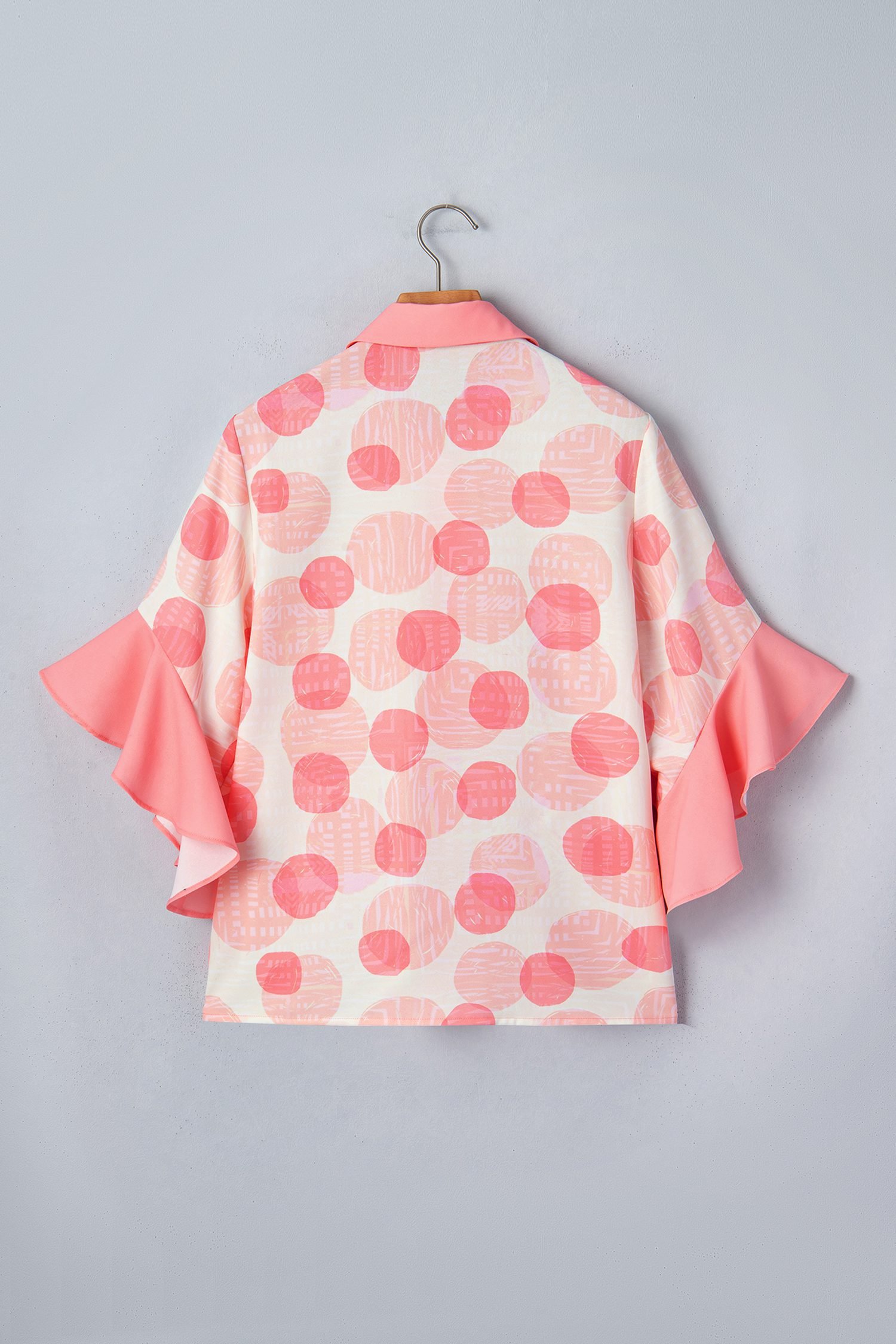 Pink Double Polka Dot Printed Ruffle Trim Short Sleeve Babydoll Shirt