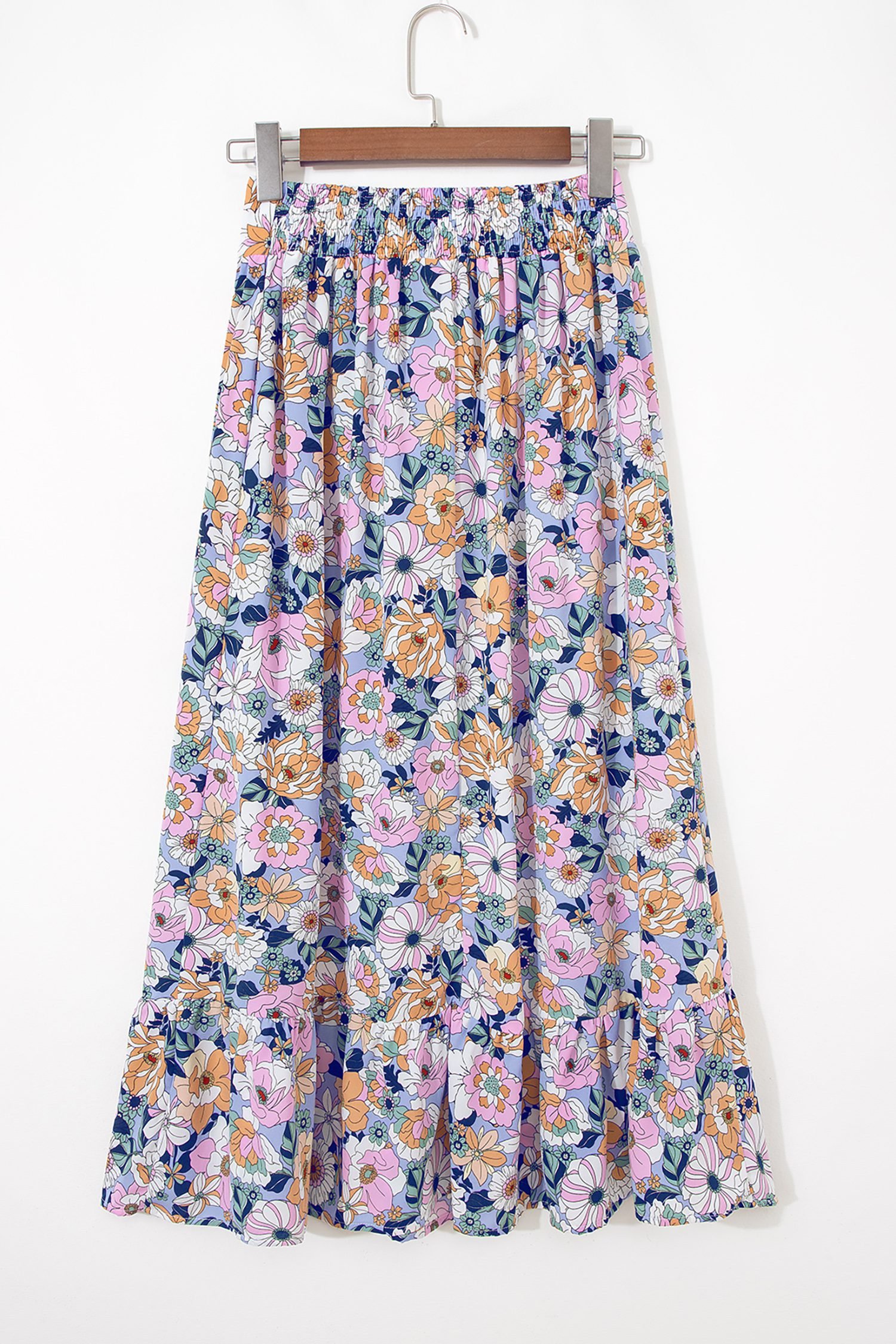Pink Floral Print Lace-up High Waist Ruffle Hem Maxi Skirt