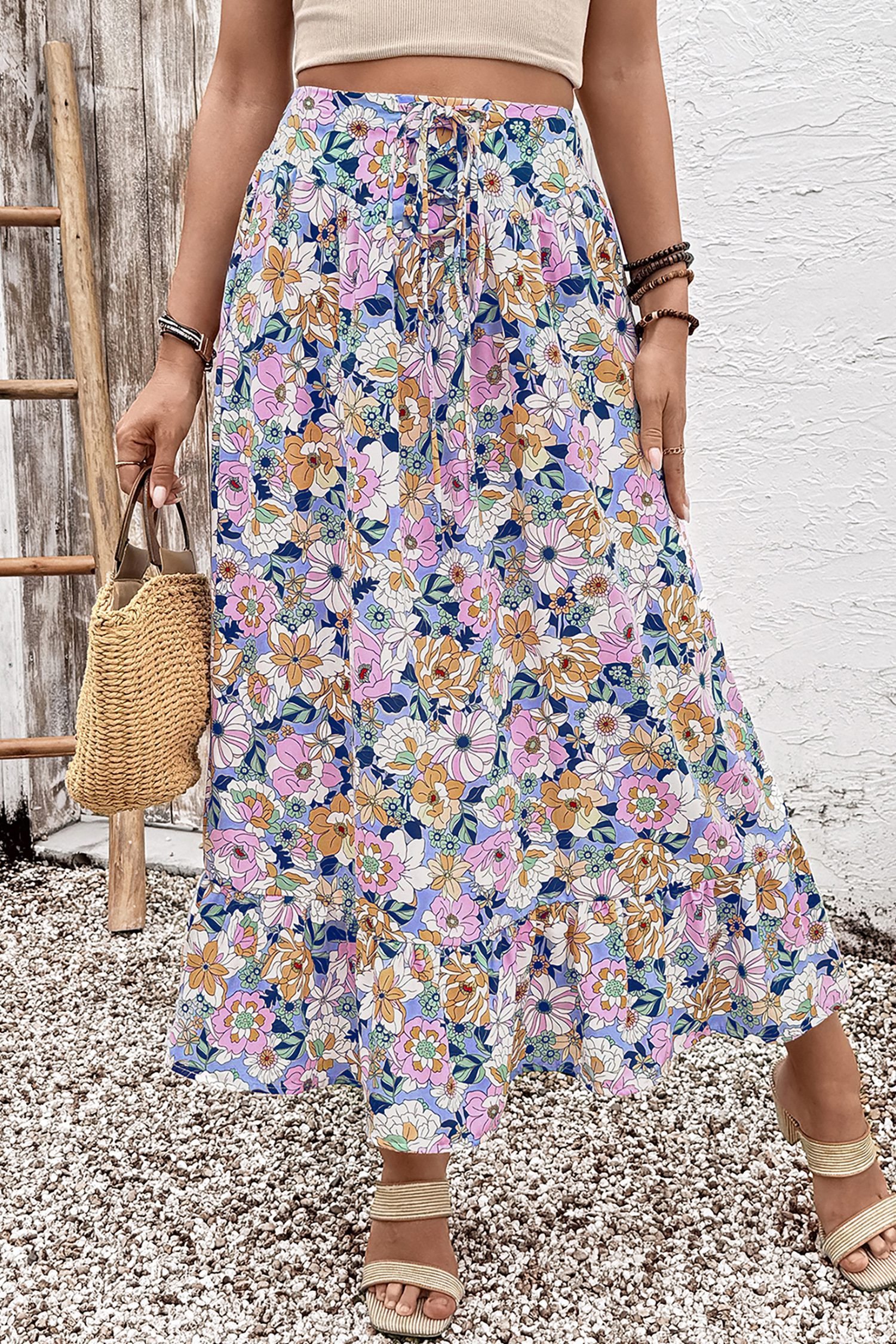 Pink Floral Print Lace-up High Waist Ruffle Hem Maxi Skirt