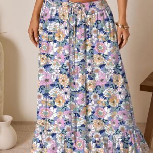 Pink Floral Print Lace-up High Waist Ruffle Hem Maxi Skirt