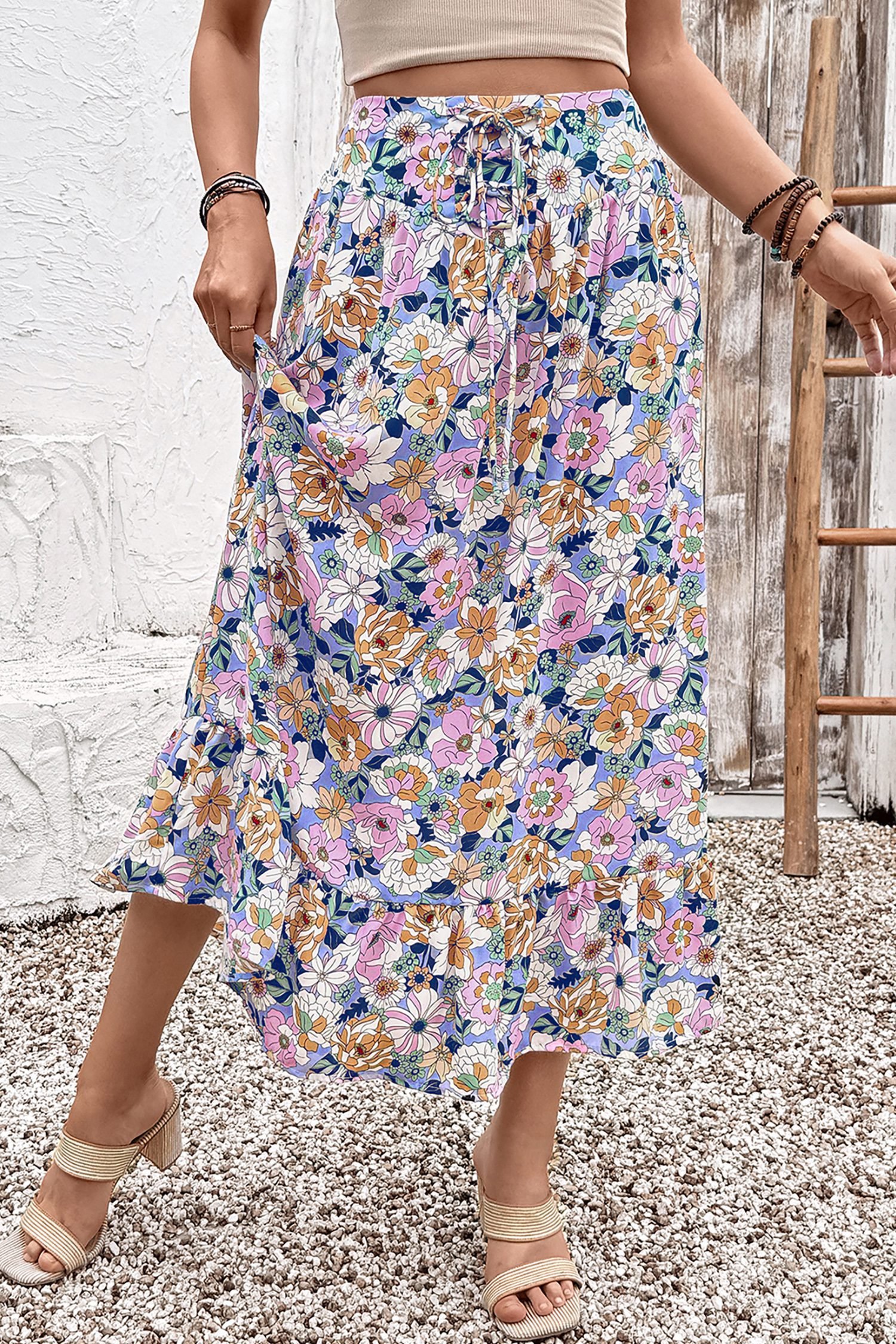 Pink Floral Print Lace-up High Waist Ruffle Hem Maxi Skirt