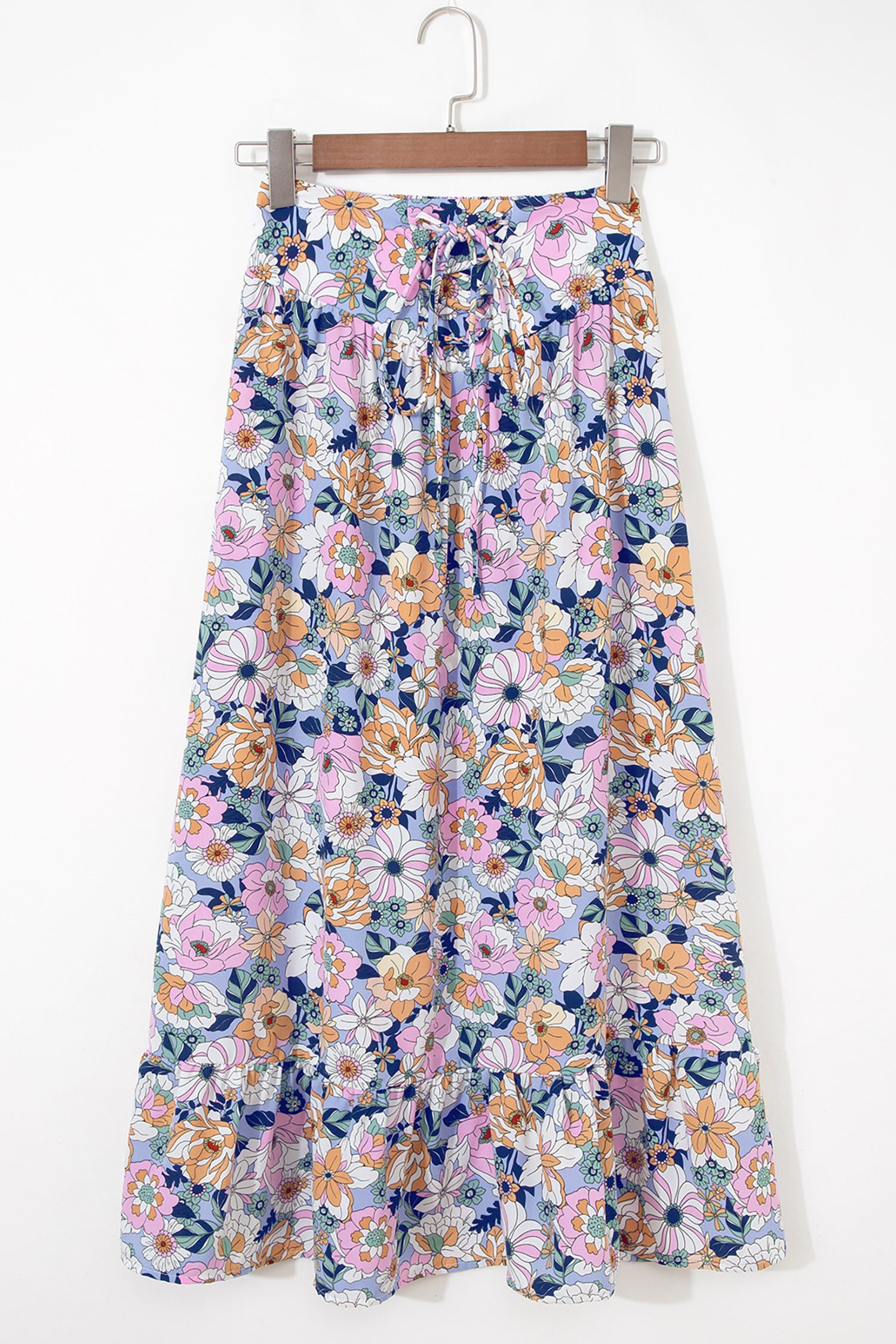 Pink Floral Print Lace-up High Waist Ruffle Hem Maxi Skirt