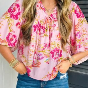 Pink Floral Print Tie Neck Puffy Half Sleeve Blouse