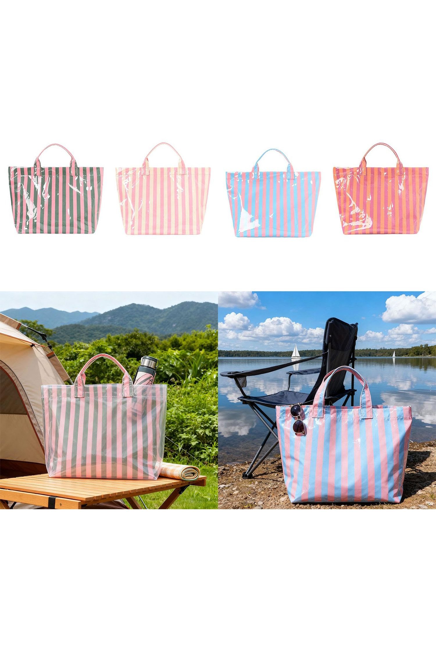 Pink Glossy Striped Vinyl Large Tote Bag