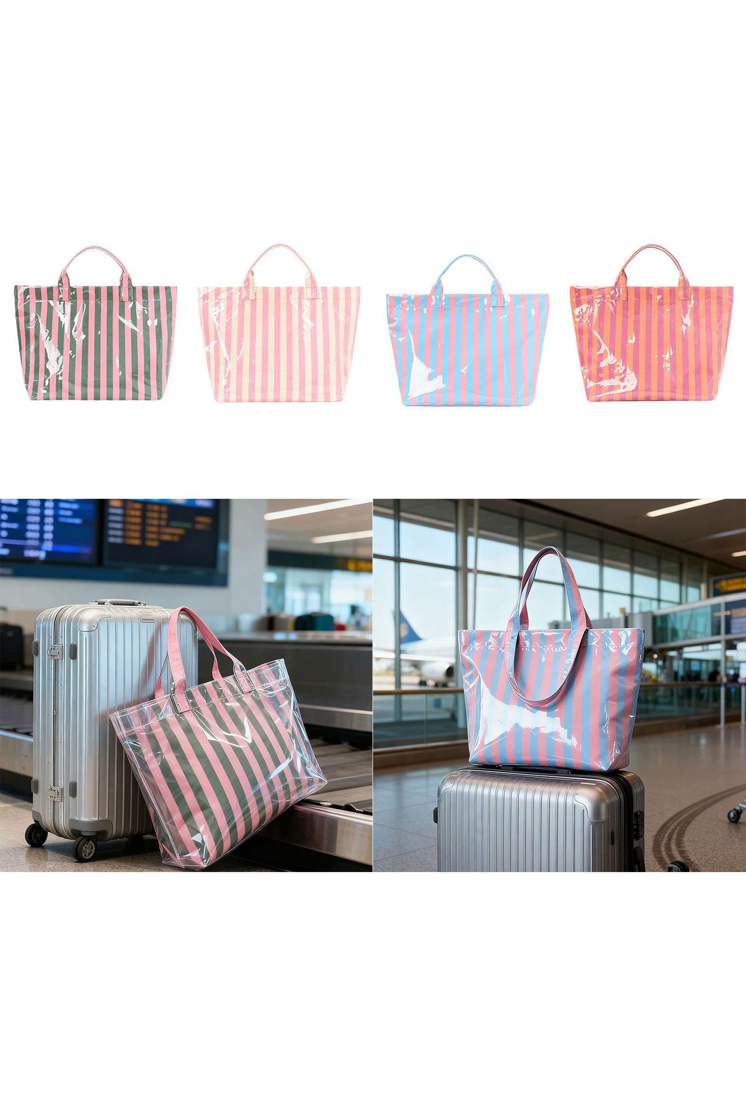 Pink Glossy Striped Vinyl Large Tote Bag
