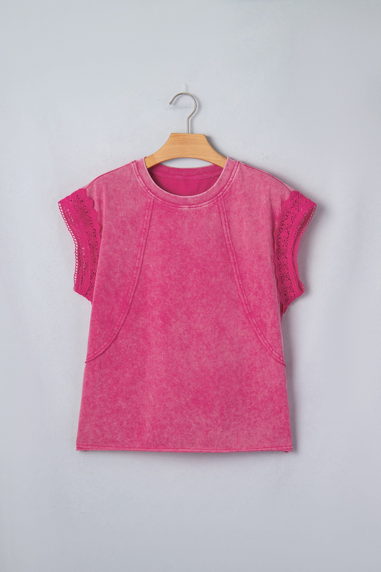 Pink Mineral Wash Raw Seam Detail Lace Trim Cap Sleeve Top