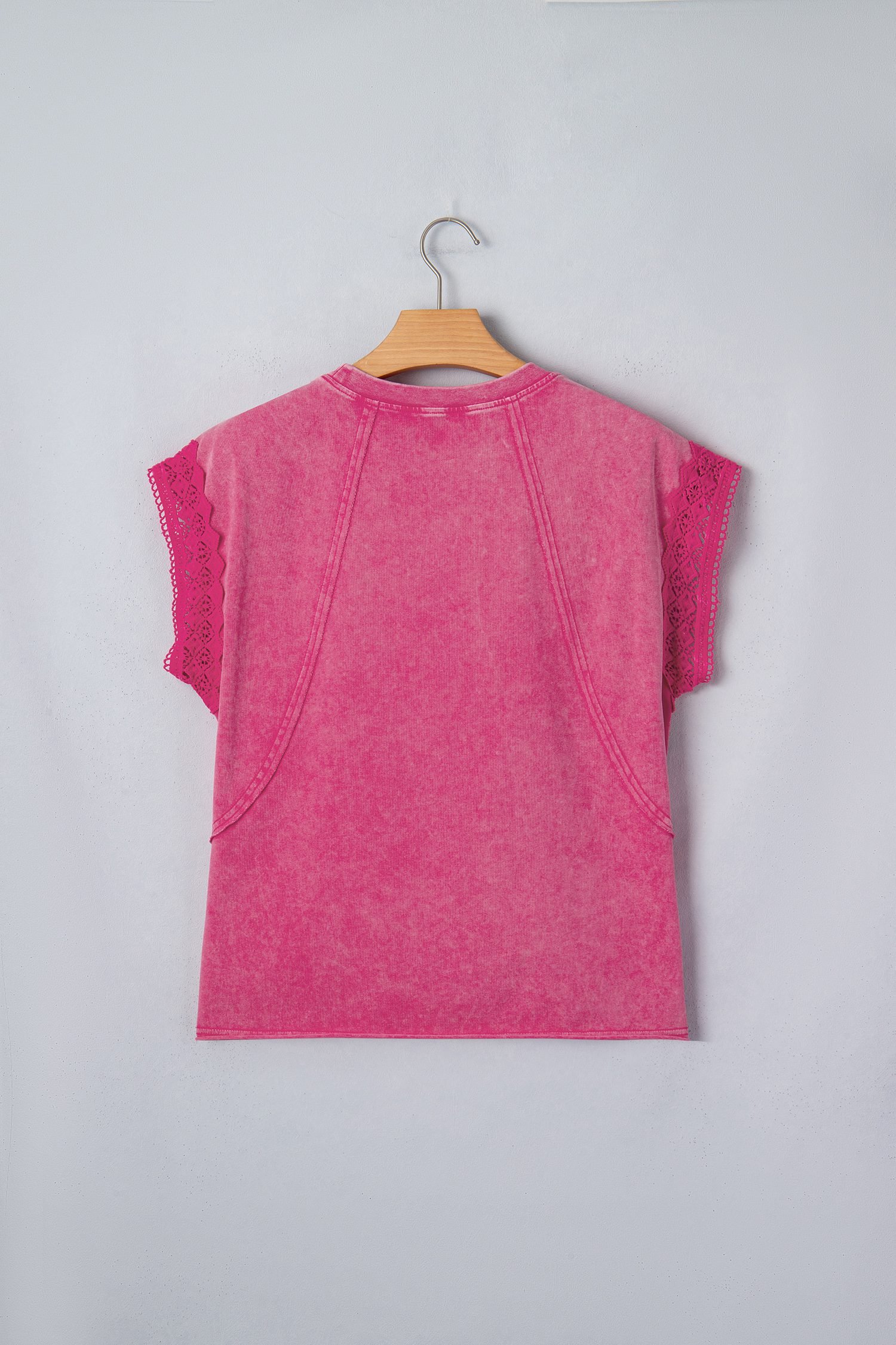 Pink Mineral Wash Raw Seam Detail Lace Trim Cap Sleeve Top