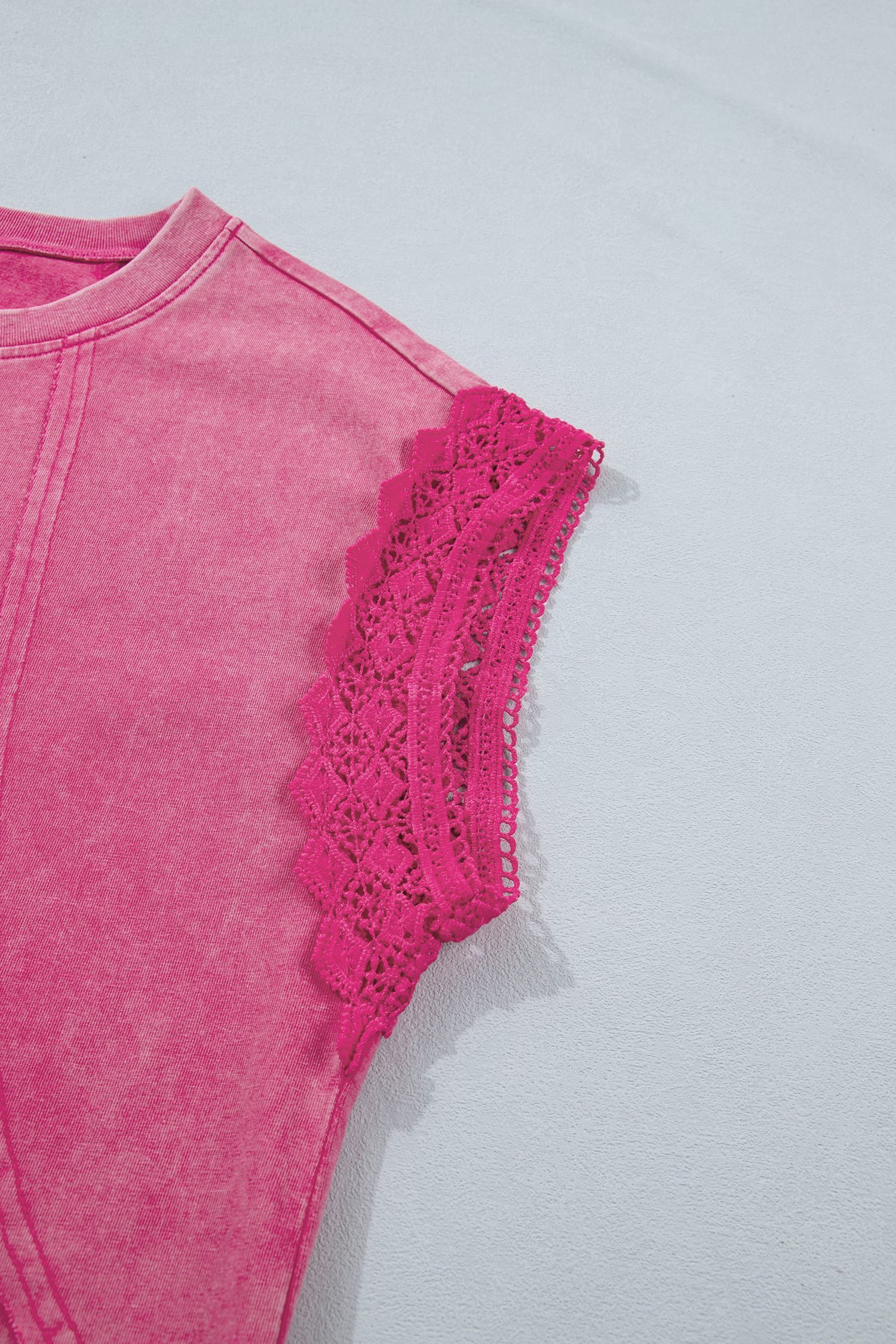 Pink Mineral Wash Raw Seam Detail Lace Trim Cap Sleeve Top