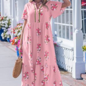Pink Notched Neck Flutter Short Sleeve Floral Print Maxi Dress