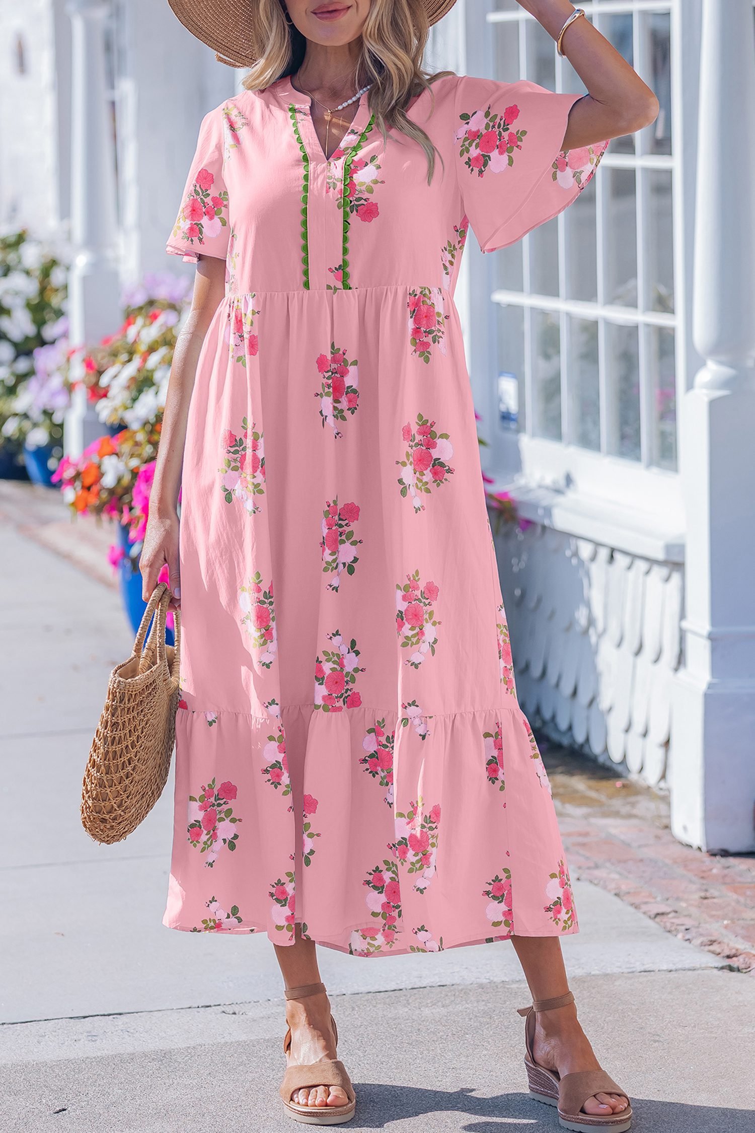 Pink Notched Neck Flutter Short Sleeve Floral Print Maxi Dress