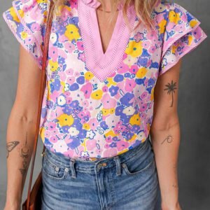 Pink Playful Floral Print Striped Color Block Patchwork V Neck Flutter Sleeve Blouse