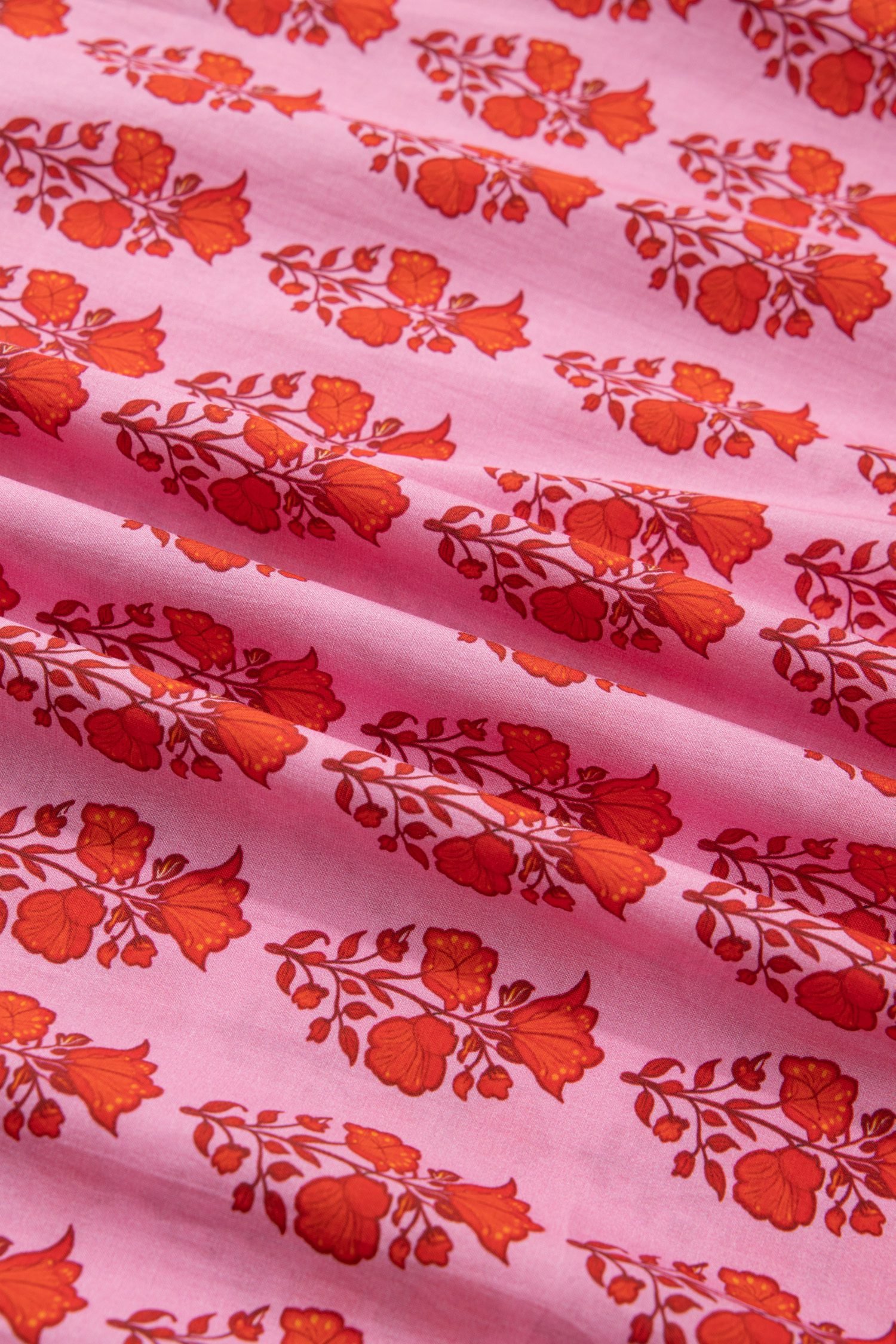 Pink Plus Size Floral Print Tassel Tie Puff Sleeve Cotton Blouse
