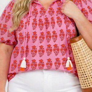Pink Plus Size Floral Print Tassel Tie Puff Sleeve Cotton Blouse