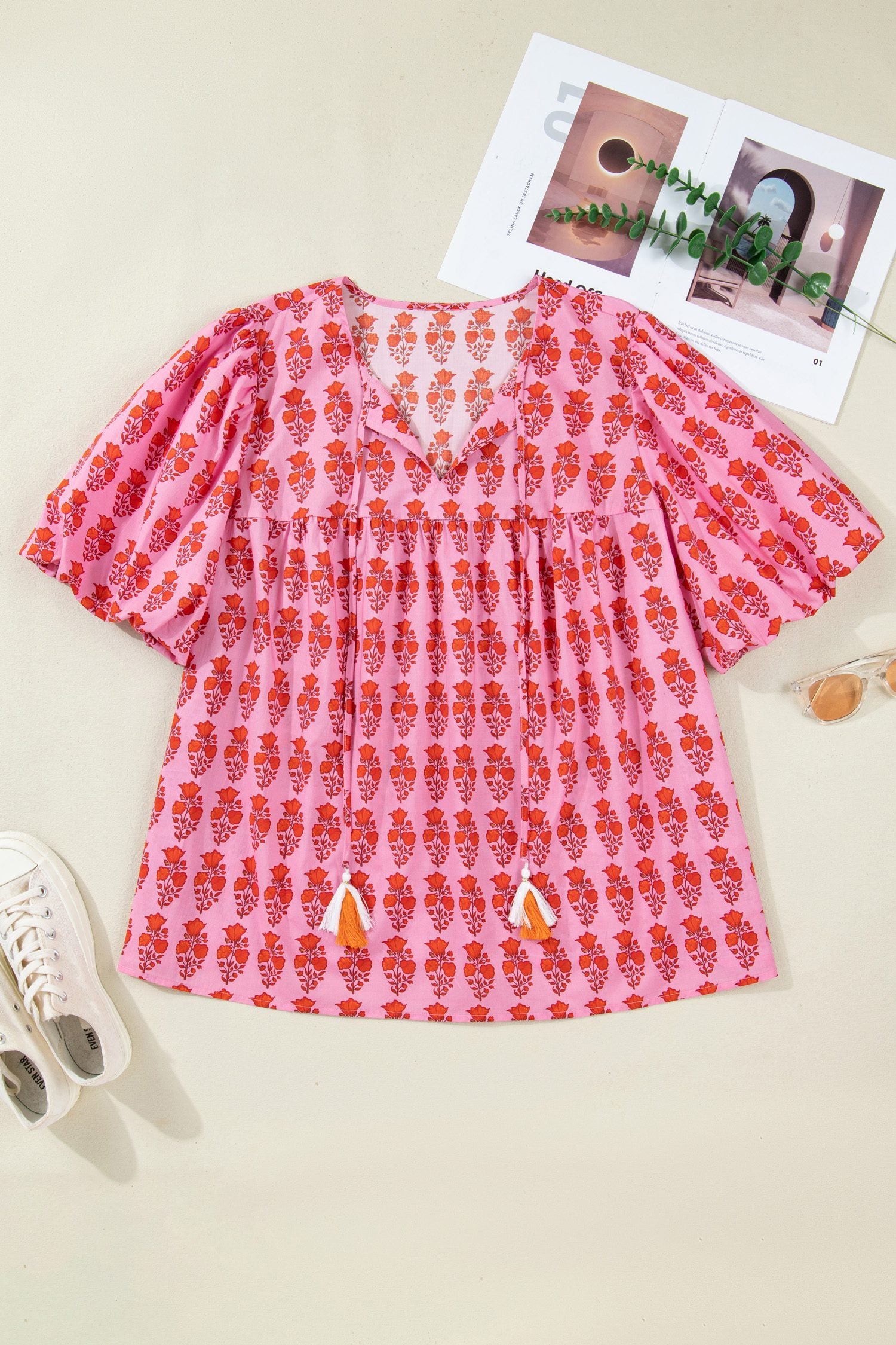 Pink Plus Size Floral Print Tassel Tie Puff Sleeve Cotton Blouse