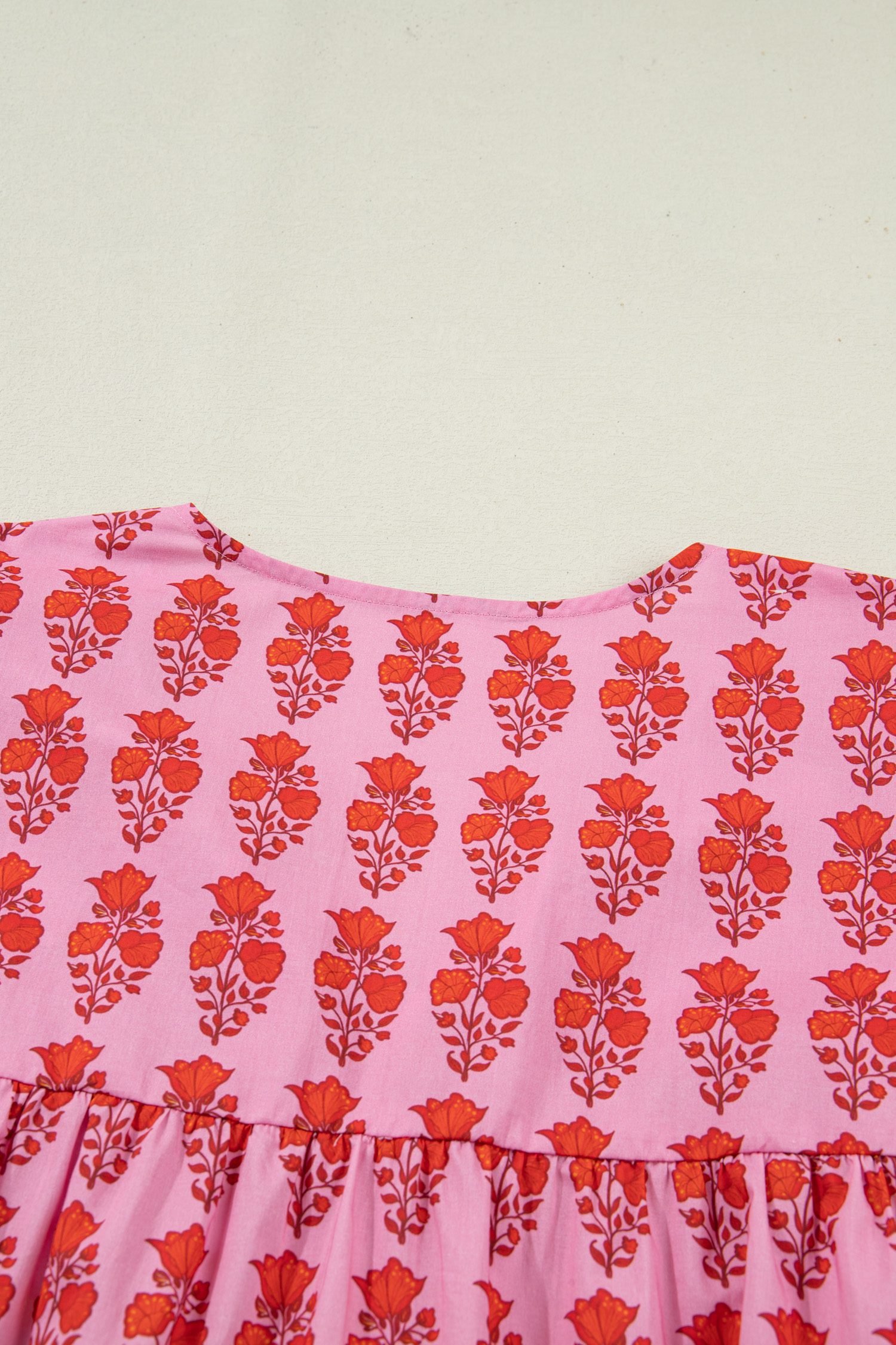 Pink Plus Size Floral Print Tassel Tie Puff Sleeve Cotton Blouse