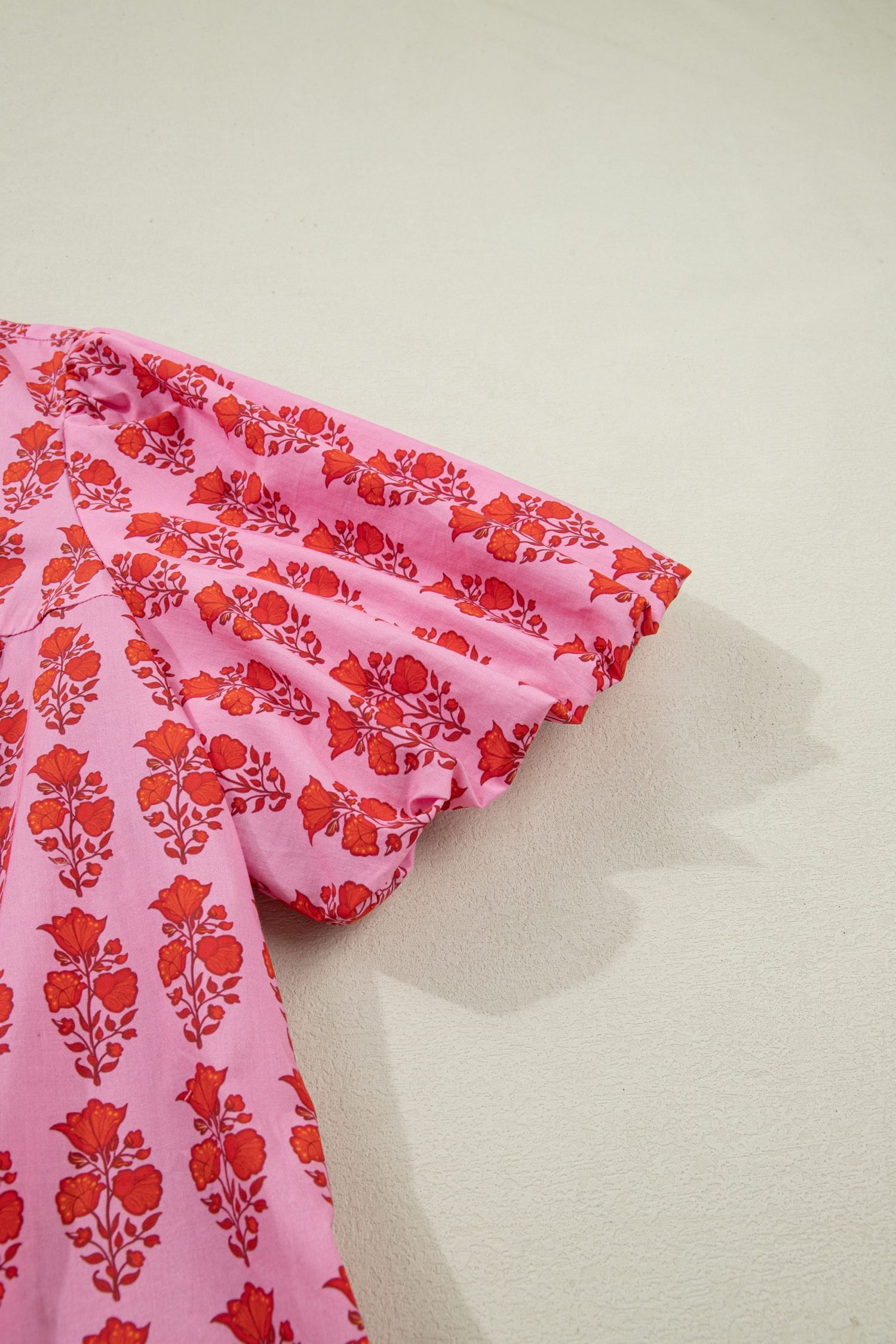 Pink Plus Size Floral Print Tassel Tie Puff Sleeve Cotton Blouse