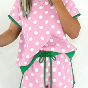 Pink Polka Dot Contrast Edge Casual Short Set
