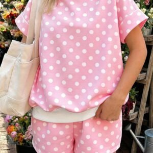 Pink Polka Dot Print Color Block Trim Mock Neck Short Set
