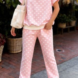 Pink Polka Dot Print Mock Neck Short Sleeve Top Shift Pant Set