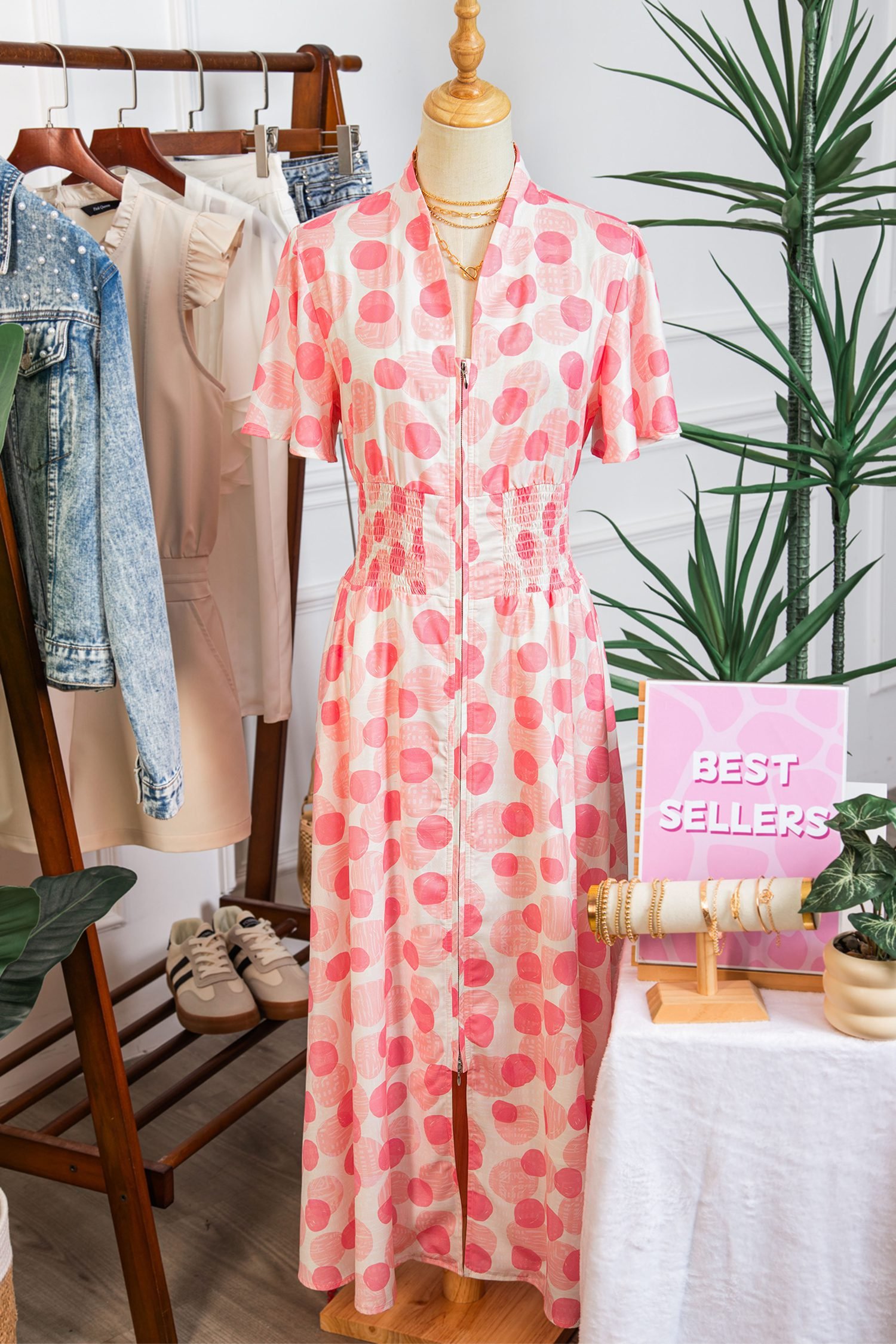 Pink Polka Dot Printed Ruffle Short Sleeve Zip Up Long Dress