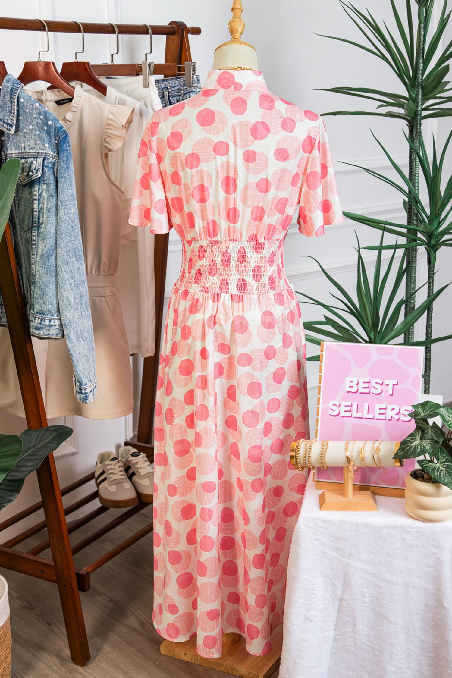Pink Polka Dot Printed Ruffle Short Sleeve Zip Up Long Dress