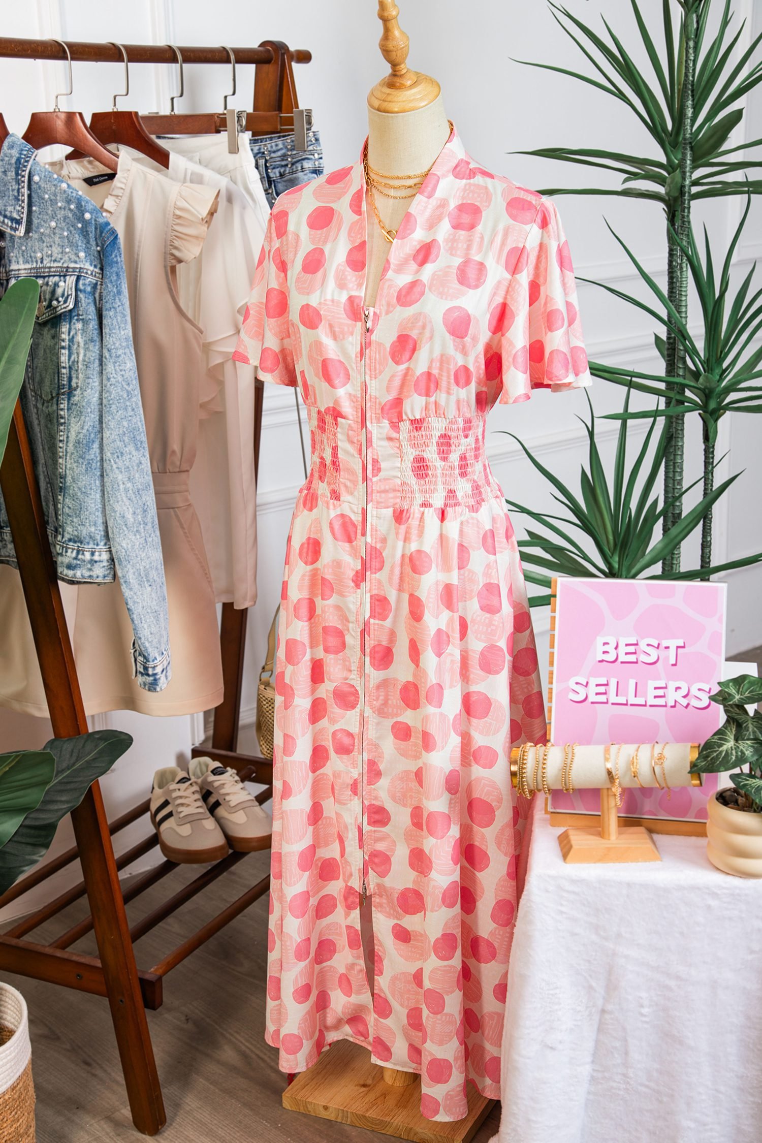 Pink Polka Dot Printed Ruffle Short Sleeve Zip Up Long Dress