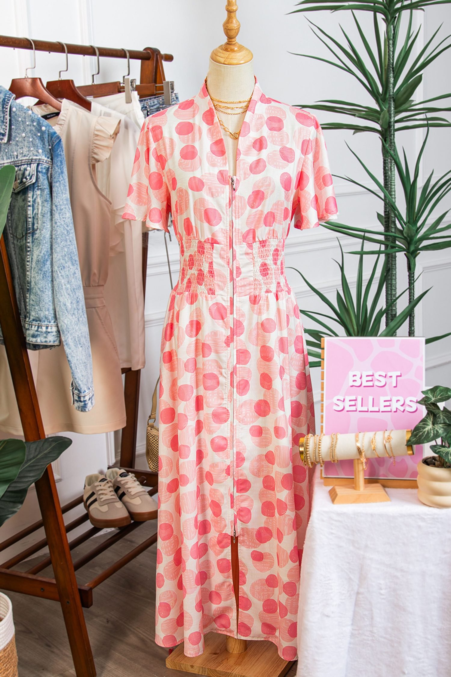 Pink Polka Dot Printed Ruffle Short Sleeve Zip Up Long Dress