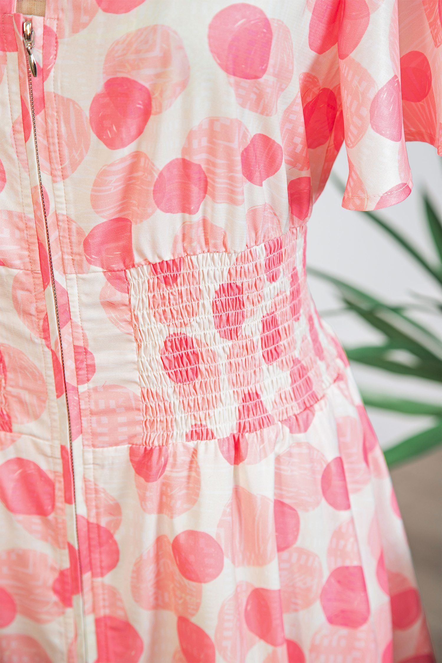 Pink Polka Dot Printed Ruffle Short Sleeve Zip Up Long Dress