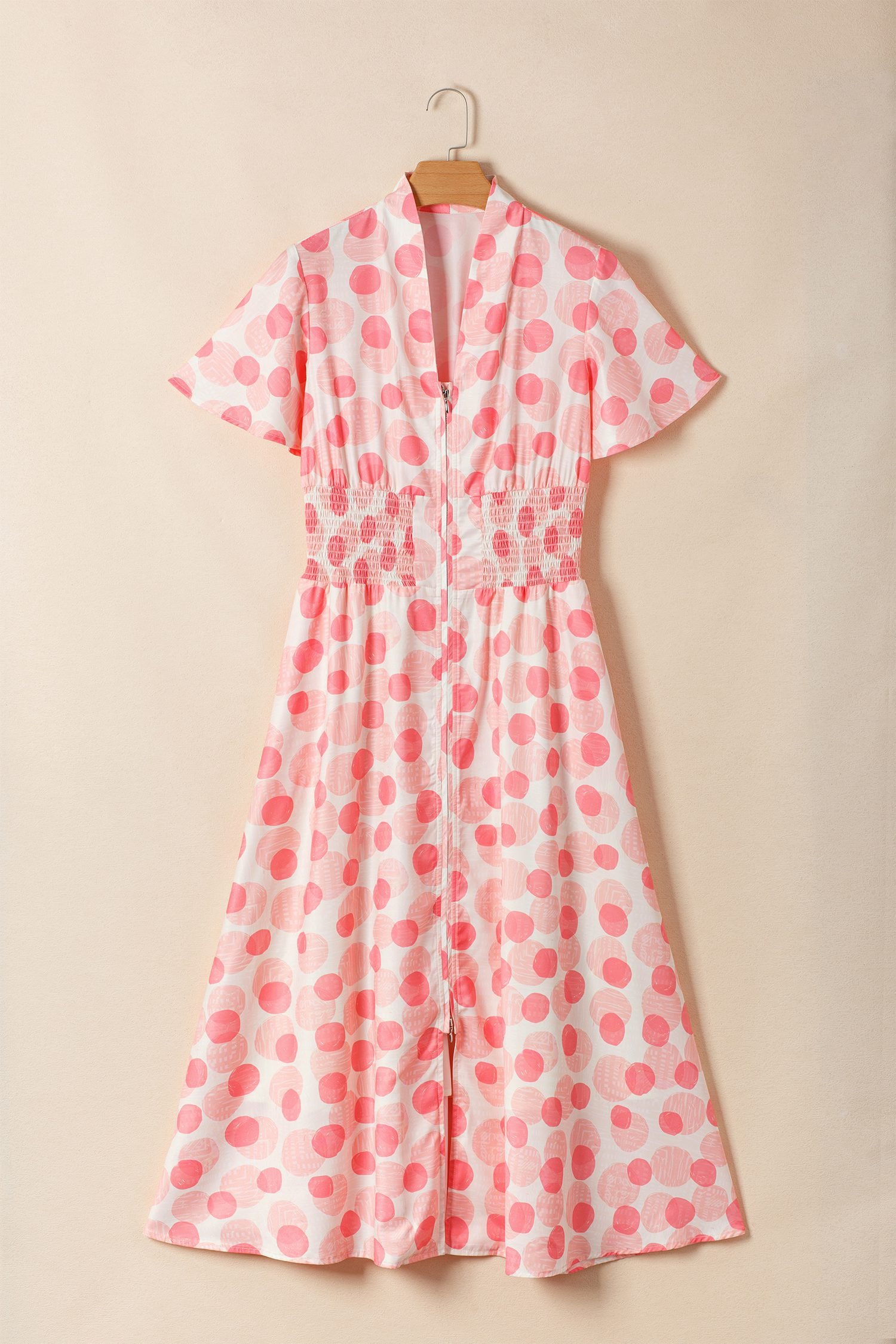 Pink Polka Dot Printed Ruffle Short Sleeve Zip Up Long Dress
