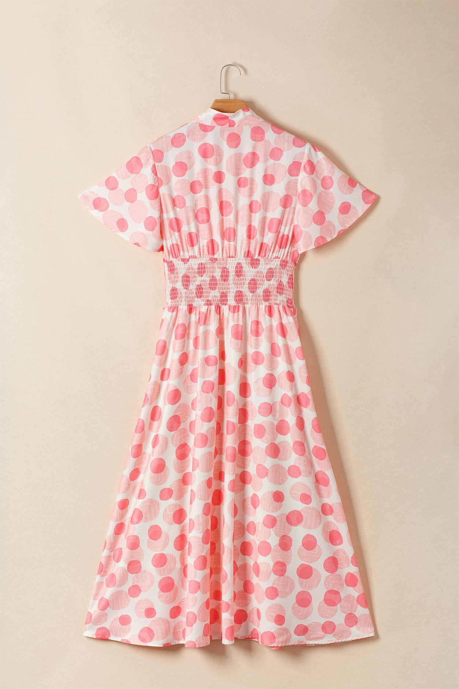 Pink Polka Dot Printed Ruffle Short Sleeve Zip Up Long Dress
