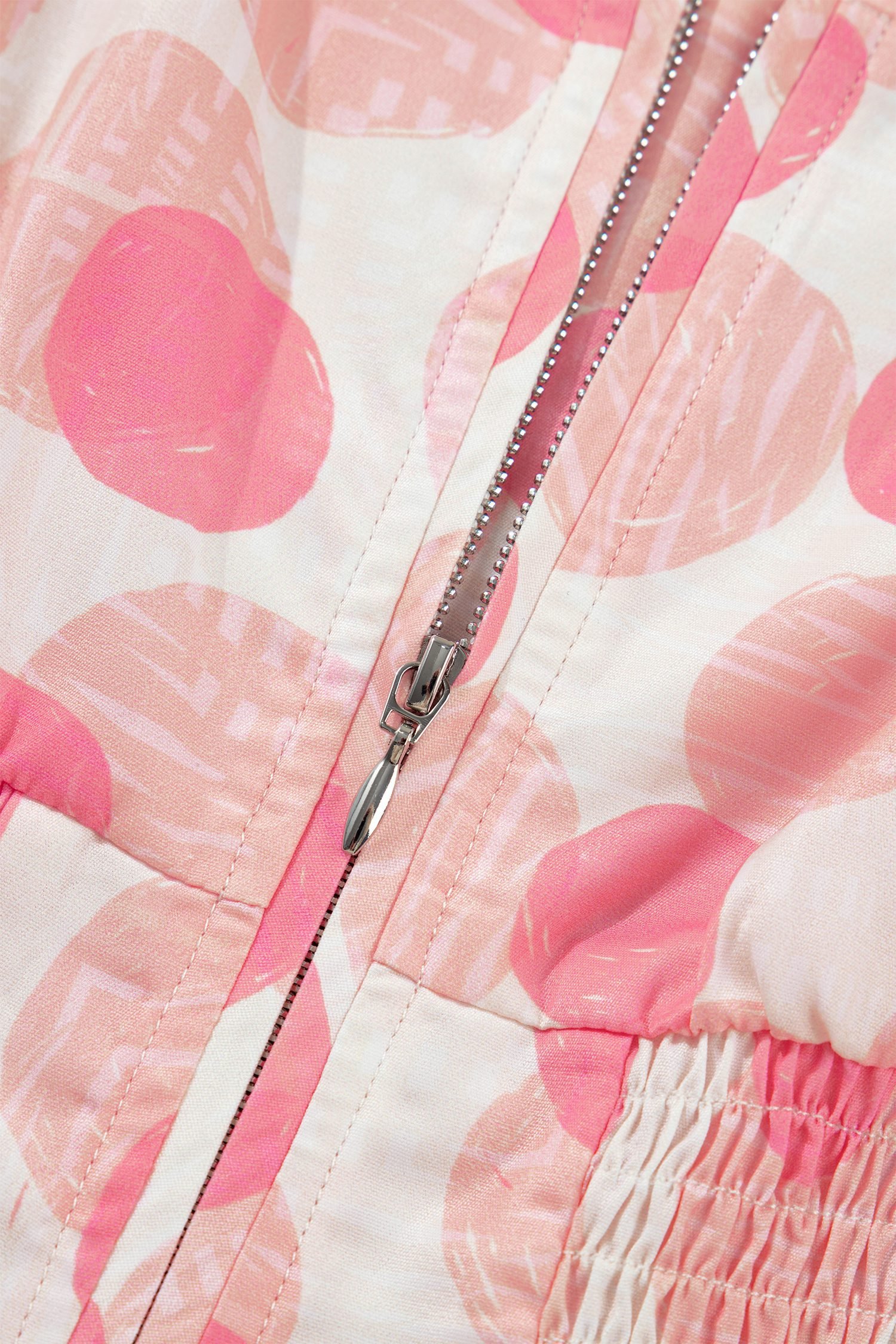 Pink Polka Dot Printed Ruffle Short Sleeve Zip Up Long Dress