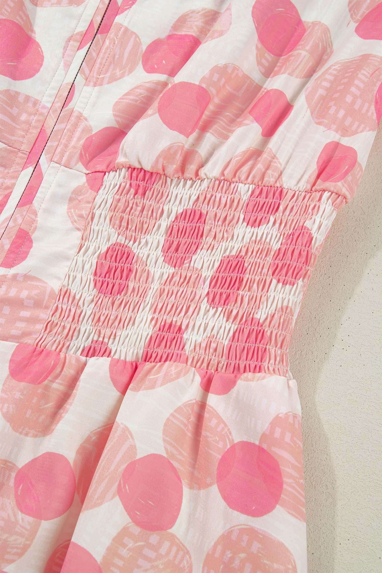 Pink Polka Dot Printed Ruffle Short Sleeve Zip Up Long Dress