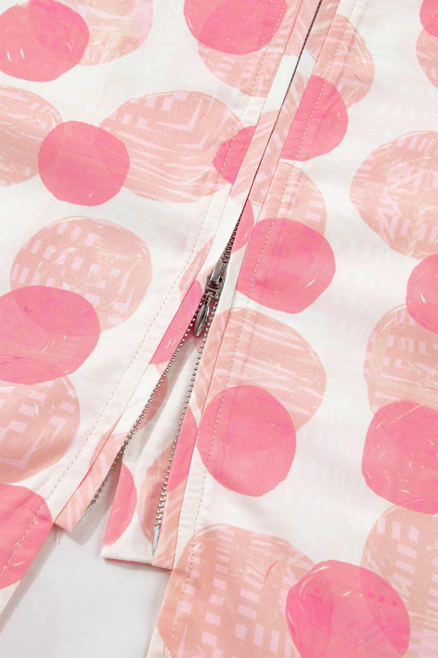 Pink Polka Dot Printed Ruffle Short Sleeve Zip Up Long Dress