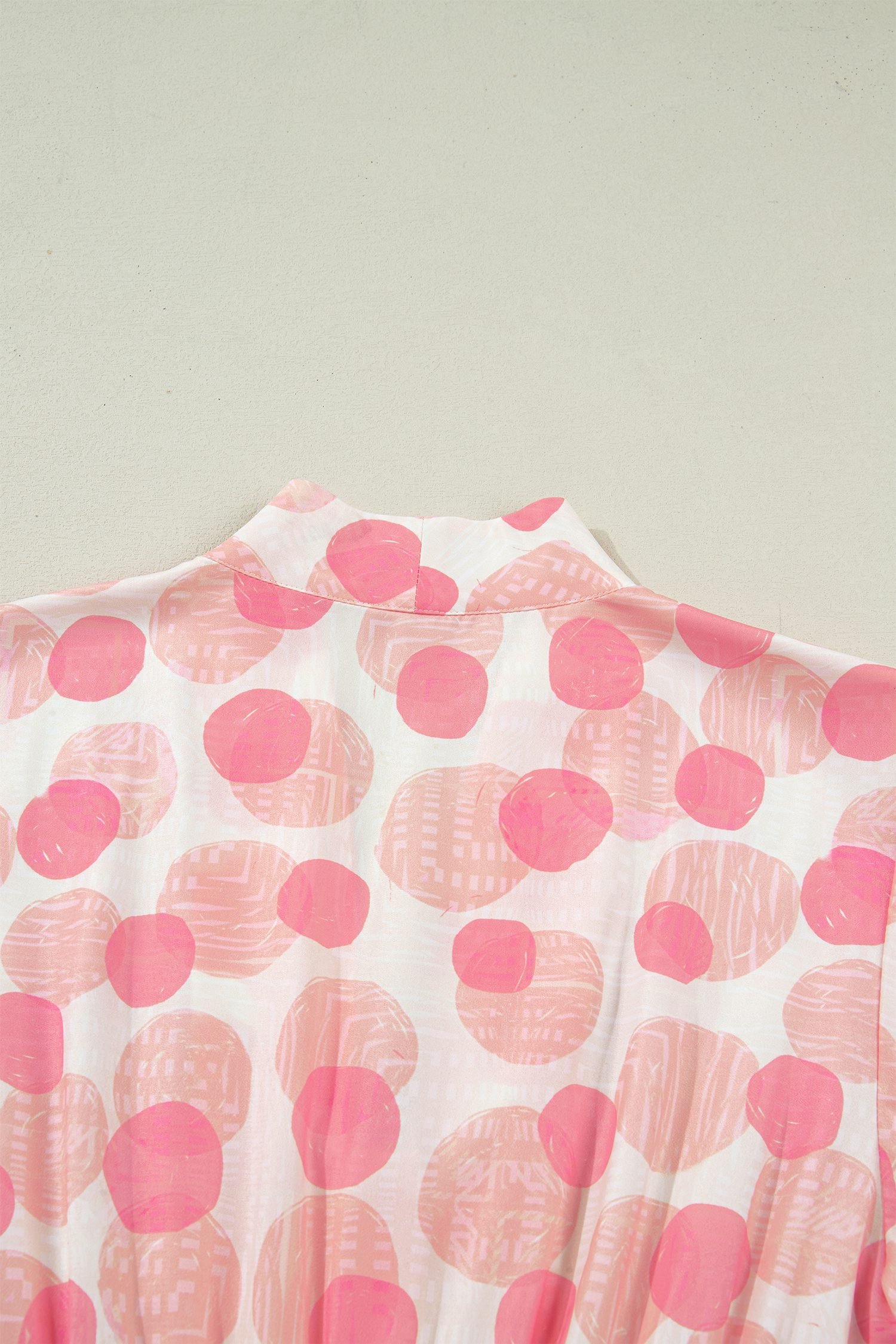 Pink Polka Dot Printed Ruffle Short Sleeve Zip Up Long Dress