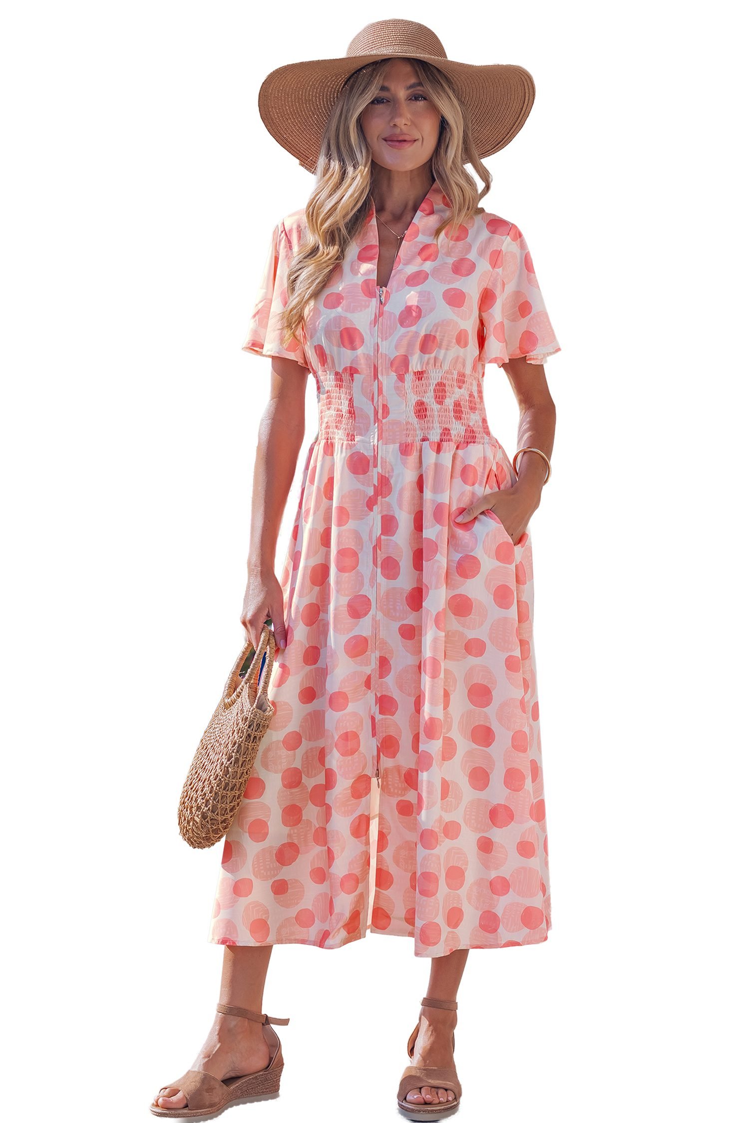 Pink Polka Dot Printed Ruffle Short Sleeve Zip Up Long Dress