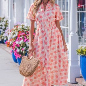 Pink Polka Dot Printed Ruffle Short Sleeve Zip Up Long Dress