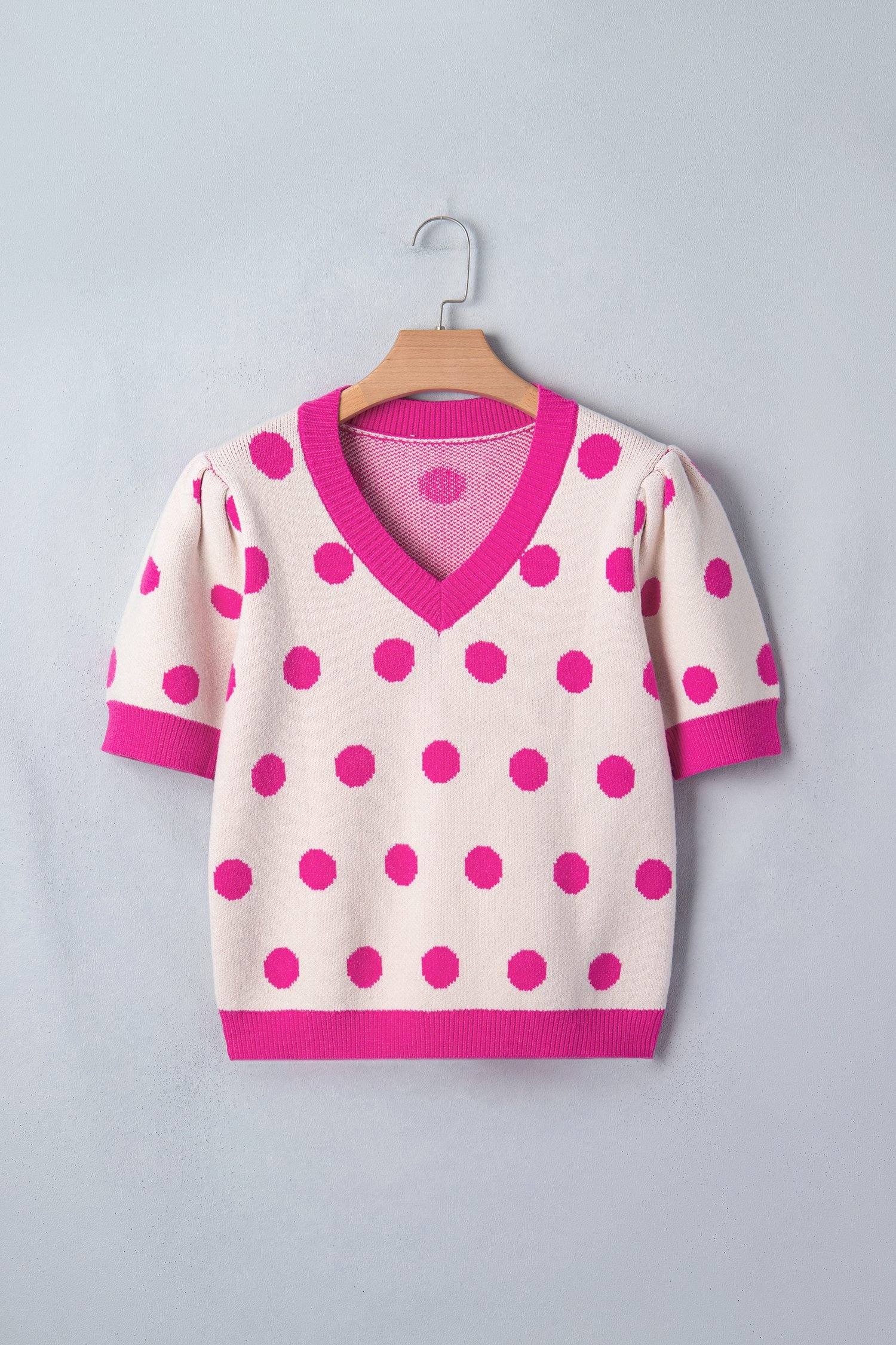 Pink Polka Dot Puff Short Sleeve Sweater Top