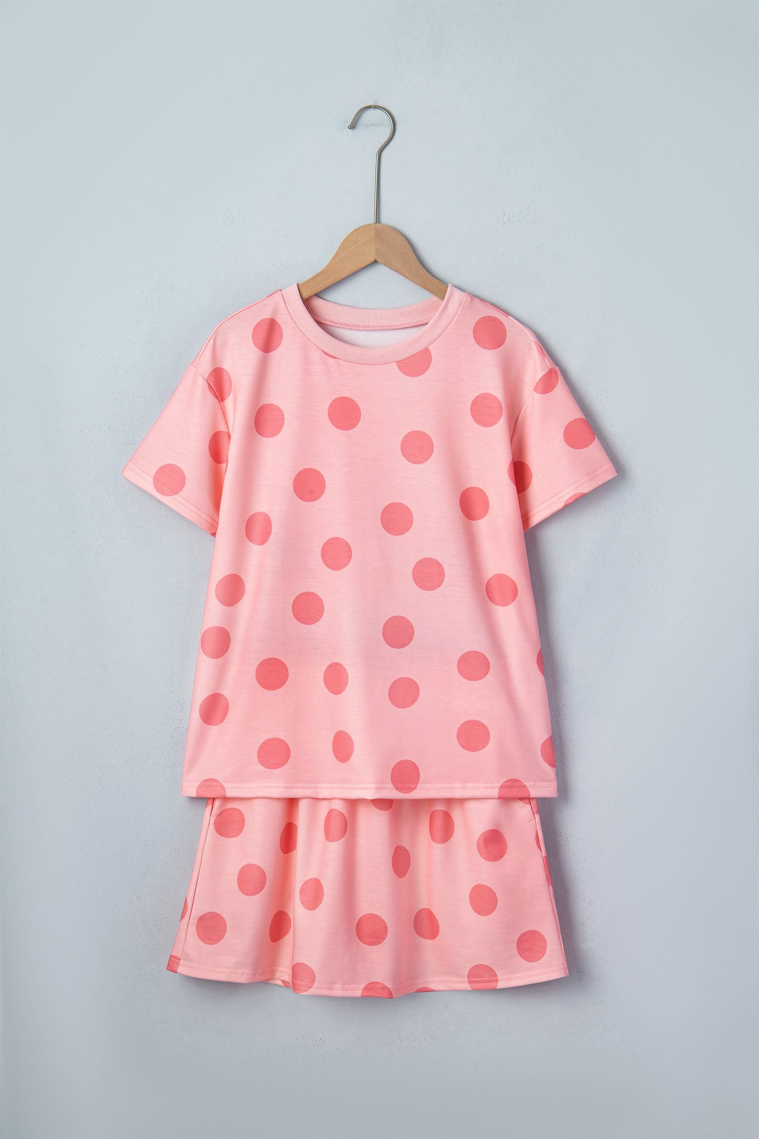 Pink Polka Dot Short Sleeve Top Casual Skort 2pcs Outfit
