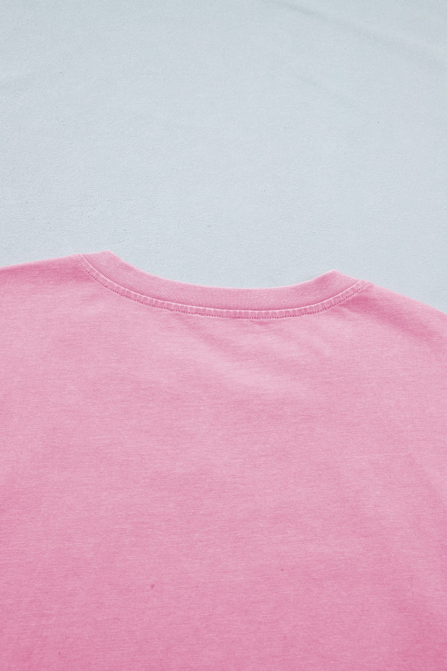 Pink Raw Cut Notched Neck Lace Patchwork Detail Mineral Wash Tee