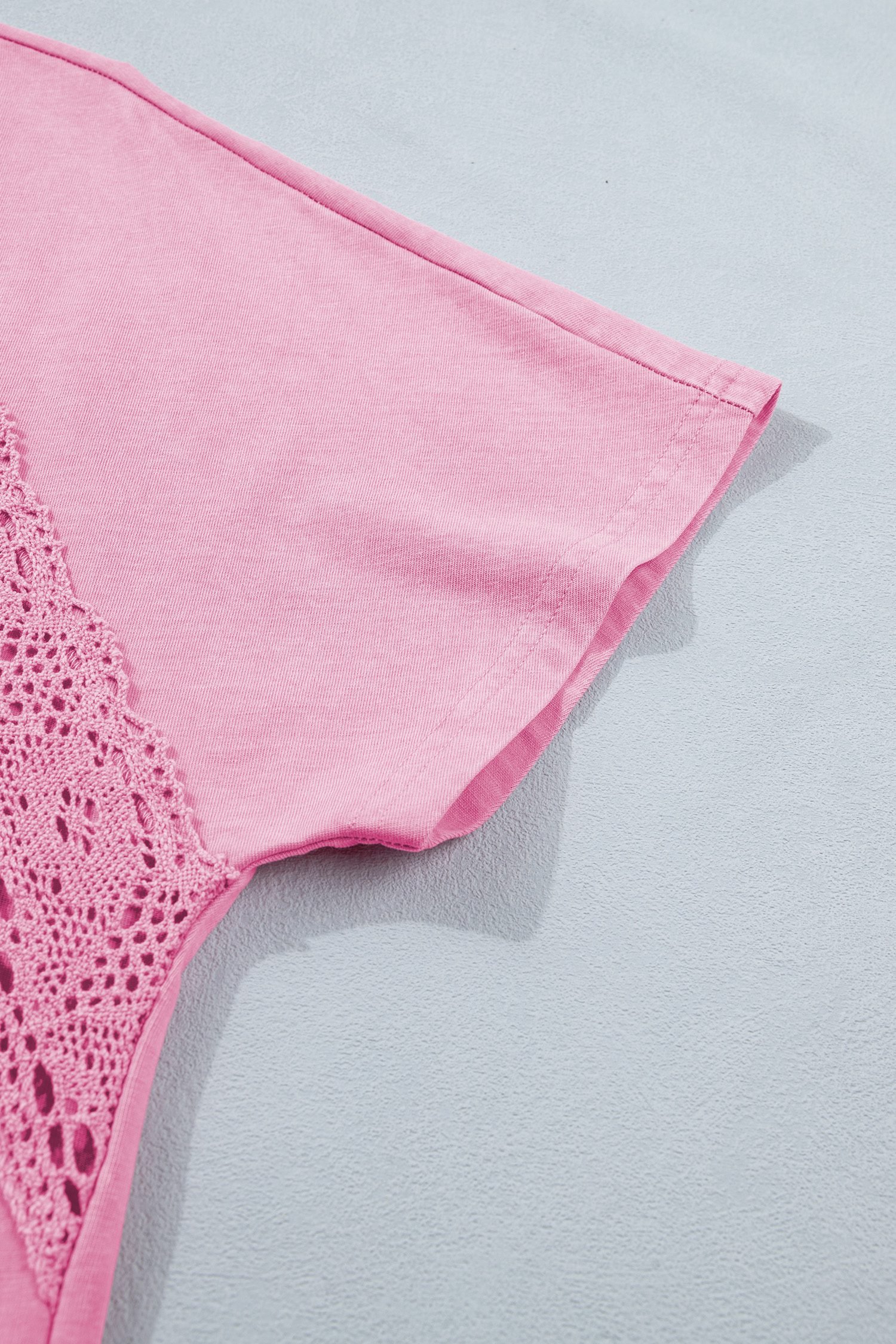 Pink Raw Cut Notched Neck Lace Patchwork Detail Mineral Wash Tee