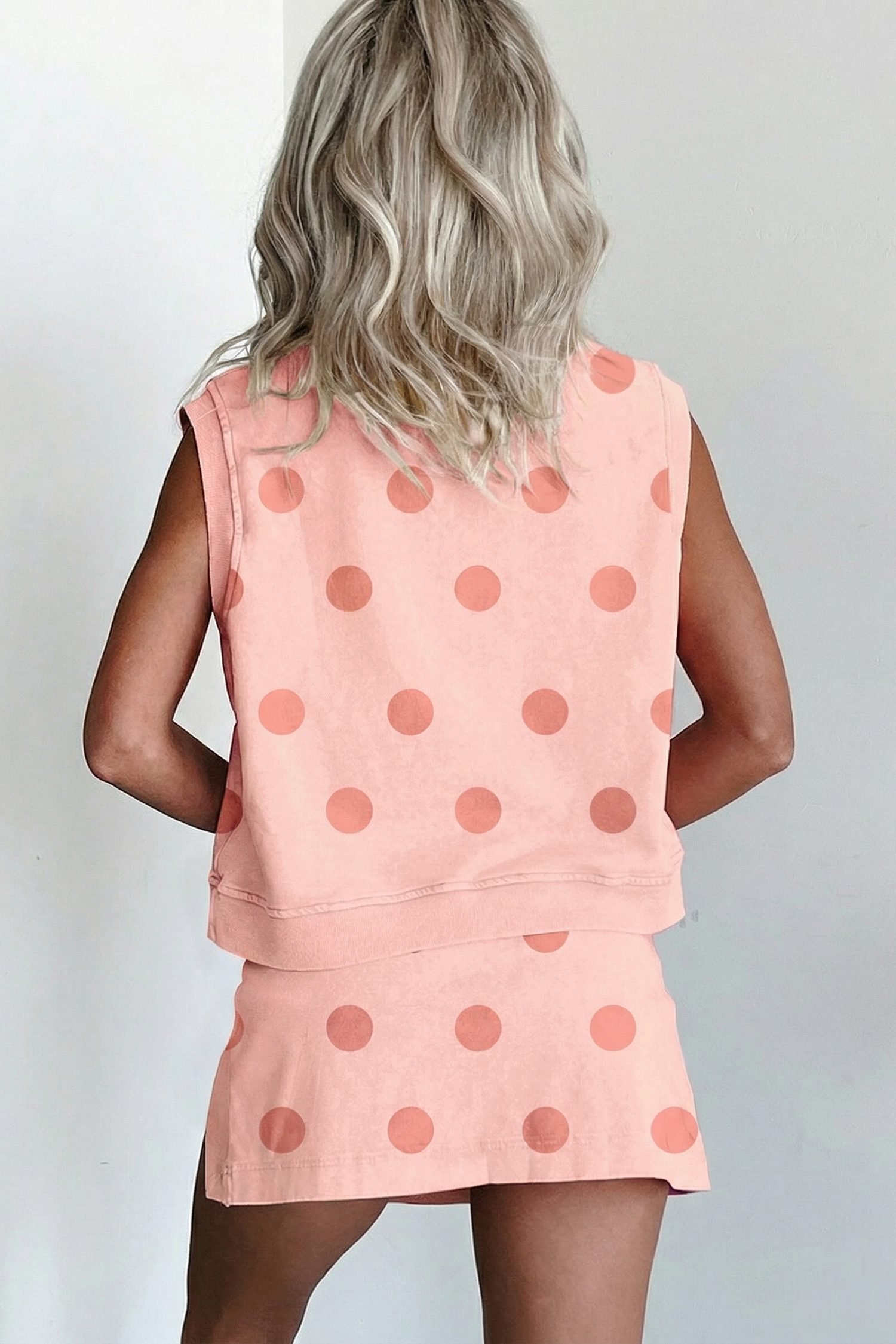 Pink Ribbed Trim Polka Dot Print Tank Split Mini Skort 2pcs Set