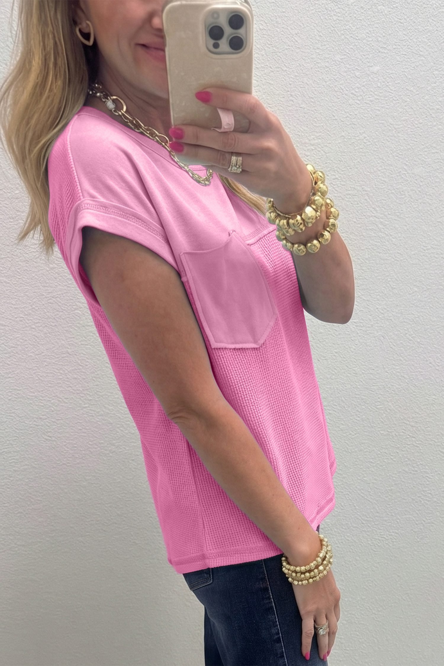Pink Solid Color Raw Seam Waffled Patchwork Casual T Shirt