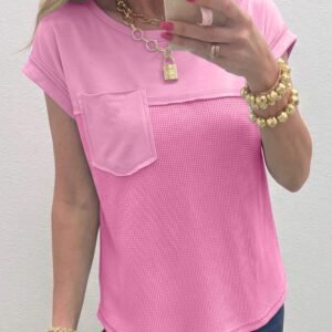 Pink Solid Color Raw Seam Waffled Patchwork Casual T Shirt